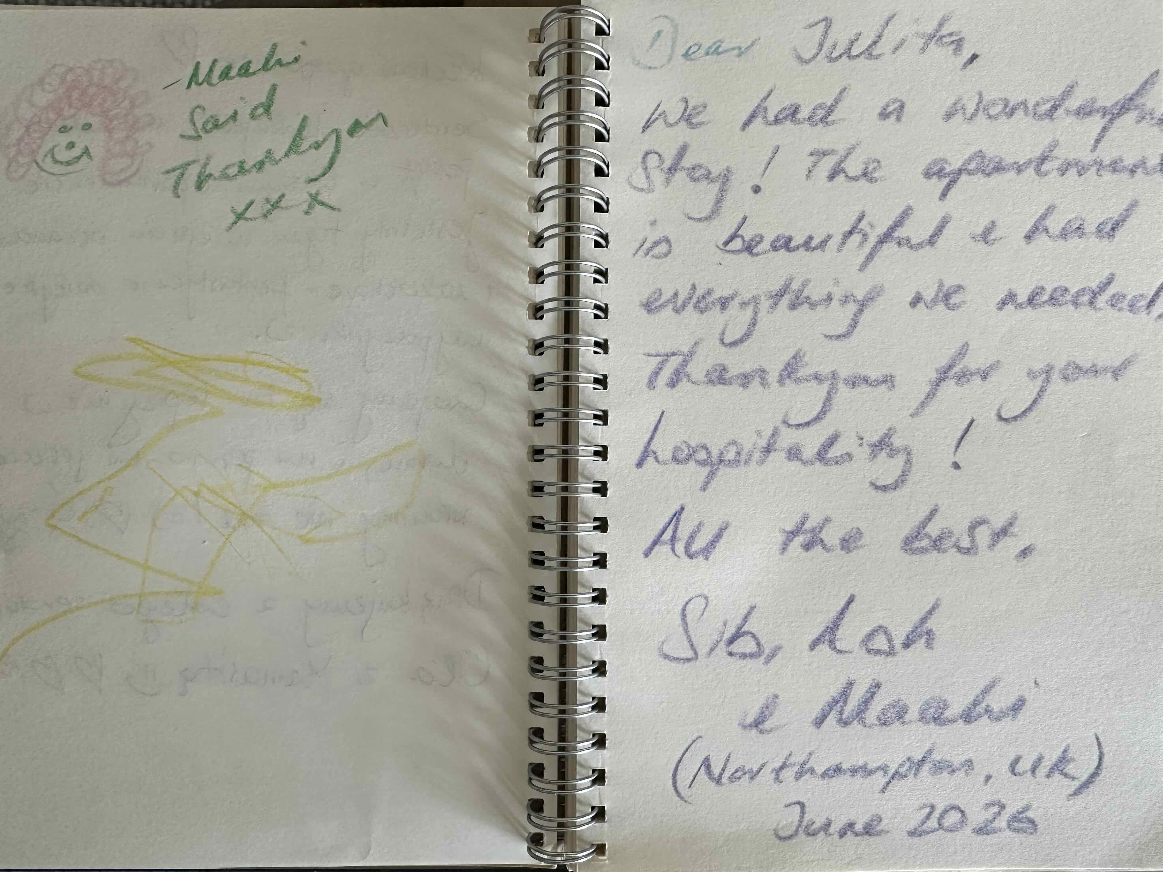 A handwritten thank-you note left in the Casa Solaris guestbook